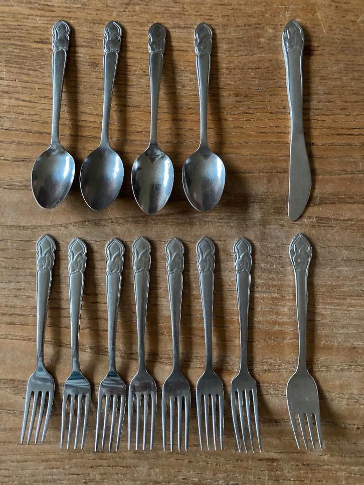 Vintage rvs kinderbestek Gero konijn mes vork lepel, Antiek en Kunst, Antiek | Bestek, Ophalen of Verzenden