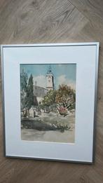 Aquarel in lijst frans kerkje, Antiek en Kunst, Kunst | Schilderijen | Klassiek, Verzenden
