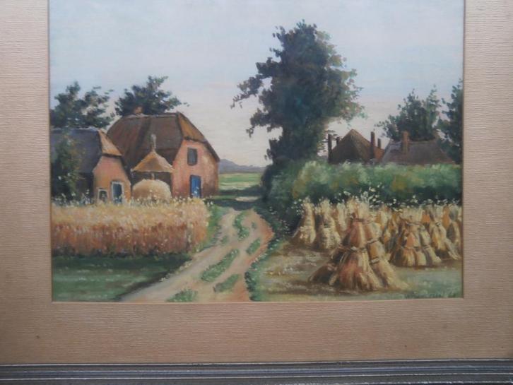 Boerderij tafereeltje met Korenschoven Buiten, Antiek en Kunst, Kunst | Schilderijen | Klassiek, Ophalen of Verzenden