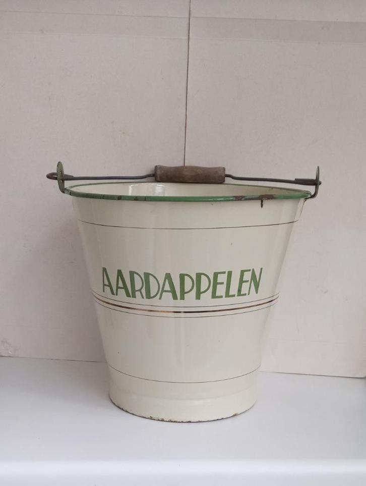 Zeldzaam klein emaille aardappelen emmer beige reseda let, Antiek en Kunst, Antiek | Emaille, Verzenden