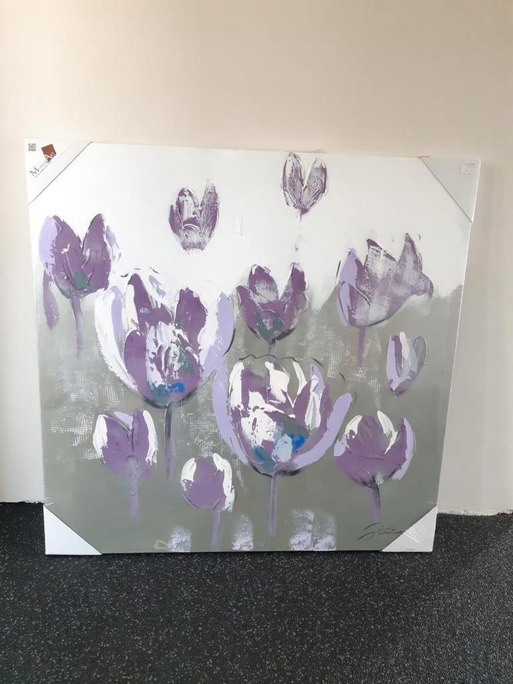 Mooi schilderij met paars lila bloemen. 1x1m, Antiek en Kunst, Kunst | Schilderijen | Abstract, Ophalen