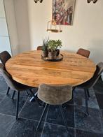 ronde mangotafel met stalen onderstel 150cm, Huis en Inrichting, Tafels | Eettafels, Ophalen, Gebruikt, Rond, Vijf personen of meer