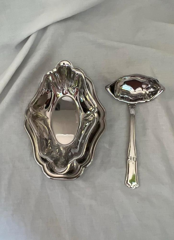 Vintage Franse elegante inox sauskom/saucière met lepel, Huis en Inrichting, Keuken | Servies, Gebruikt, Overige typen, Overige stijlen