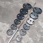 Olympische rubber grip Gewichten set + Olympische bar 220cm, Ophalen, Zo goed als nieuw