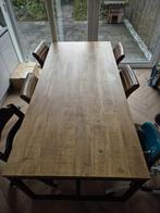 eettafel en 6 stoelen mangohout fineer, Ophalen, Gebruikt, Mangohout, 6 tot 8 stoelen