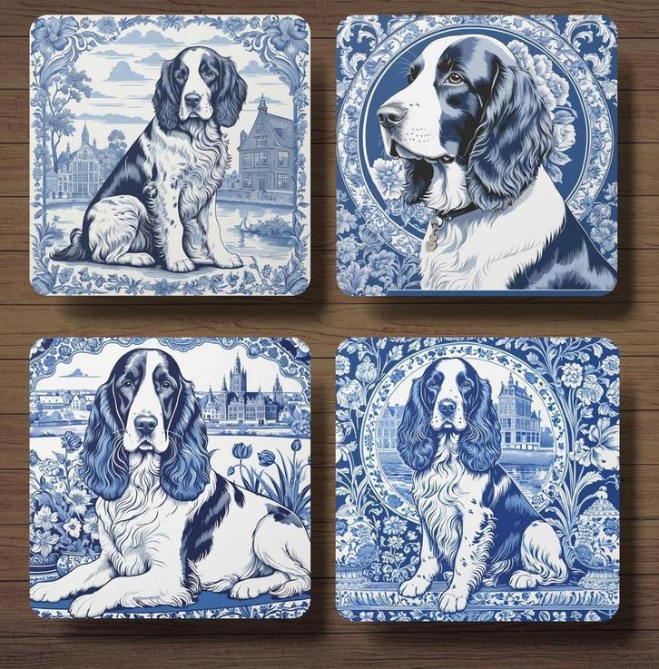 Welsh Springer Spaniel Delfts Blauw onderzetters met houder, Huis en Inrichting, Woonaccessoires | Onderzetters, Nieuw, Glas of Kopje