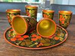 Unieke handgeschilderde Khokhloma set – 6 bekers + dienblad, Ophalen of Verzenden
