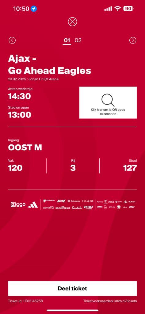 AJAX - Go Ahead Eagles, Tickets en Kaartjes, Sport | Voetbal, Eén persoon, Februari, Losse kaart