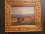 Schilderij 'Boten op Strand' - 1983, Handgesneden Lijst, Ophalen of Verzenden
