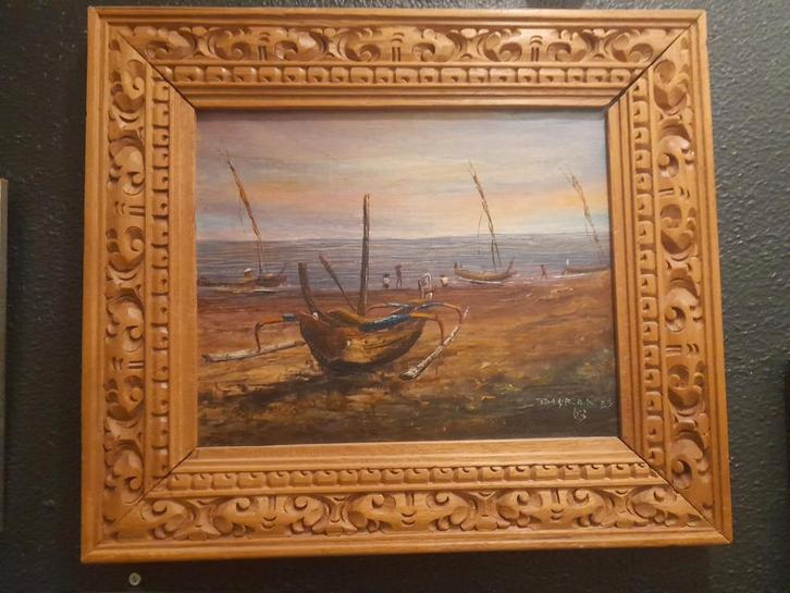 Schilderij 'Boten op Strand' - 1983, Handgesneden Lijst, Antiek en Kunst, Kunst | Schilderijen | Klassiek, Ophalen of Verzenden