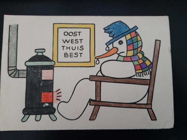 ingekleurde kaart, Sneeuwpop bij kachel, Oost west thuis, Verzamelen, Ansichtkaarten | Themakaarten, Gelopen, 1960 tot 1980, Verzenden
