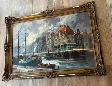 Amsterdamse grachten Prachtig olieverf schilderij gesigneerd beschikbaar voor biedingen