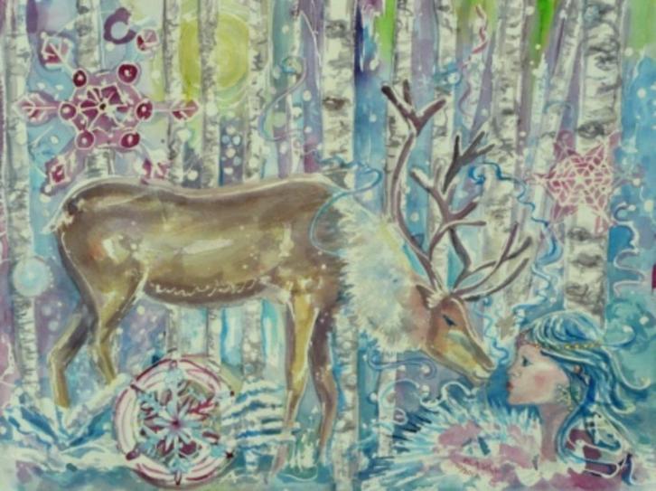 Rendier vrouw bontkraag / Kunstkaart / Groot gewei / Hertje, Diversen, Kerst, Nieuw, Ophalen of Verzenden