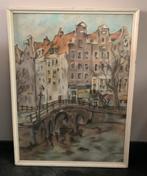 Oud schilderij – Amsterdamse gracht 82 x 60 cm, Ophalen of Verzenden