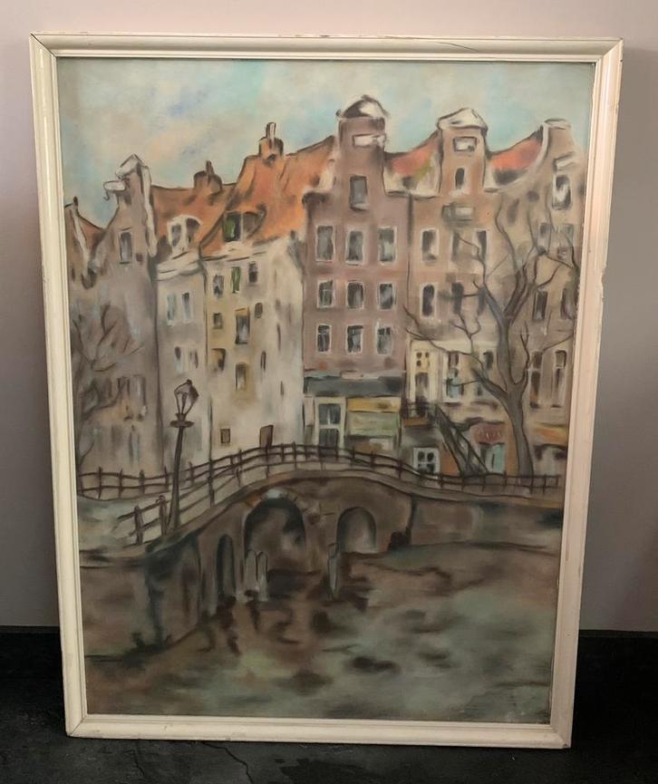 Oud schilderij – Amsterdamse gracht 82 x 60 cm, Antiek en Kunst, Kunst | Tekeningen en Foto's, Ophalen of Verzenden