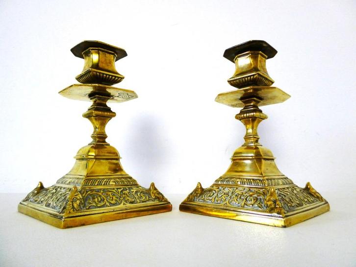 Set Victoriaanse kandelaars met Sater figuur gemerkt ca.1880, Antiek en Kunst, Antiek | Kandelaars, Koper of Brons, Ophalen of Verzenden