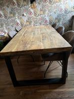 Massief teakhouten eethoek met 6 leren stoelen, Huis en Inrichting, Tafels | Eettafels, 200 cm of meer, Zo goed als nieuw, Vijf personen of meer