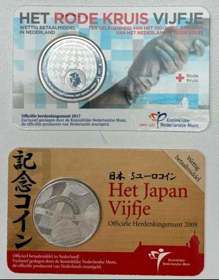 Aangeboden 2 stuks Vijje Herdenkingsmunten UNC, Postzegels en Munten, Munten | Nederland, Losse munt, Euro's, Ophalen