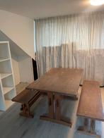 Stevige Tafel met 2 Bankjes - Beschadigde Lak, Ophalen, Rechthoekig, 100 tot 150 cm, 50 tot 100 cm