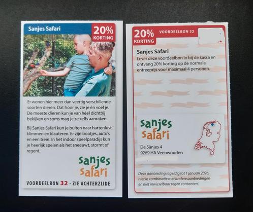 Sanjes Safari 20% korting voor max. 4 personen., Tickets en Kaartjes, Kortingen en Cadeaubonnen