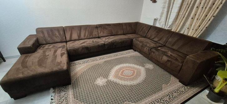 Hoekbank, L vorm, alcantara stof Bruin, Huis en Inrichting, Banken | Complete zithoeken, Zo goed als nieuw, Stof, Ophalen