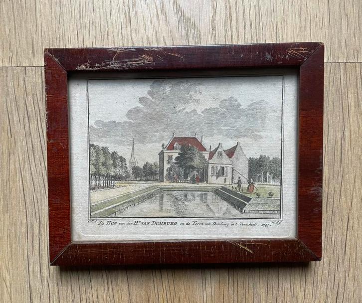Kleine gravure De Hof van Domburg, Cornelis Pronk, 1743, Antiek en Kunst, Kunst | Etsen en Gravures, Ophalen of Verzenden