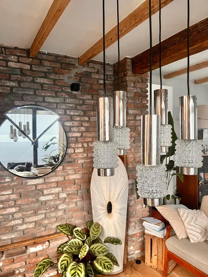 Vintage Cascade Hanglamp, Huis en Inrichting, Lampen | Hanglampen, Gebruikt, 50 tot 75 cm, Glas, Ophalen of Verzenden