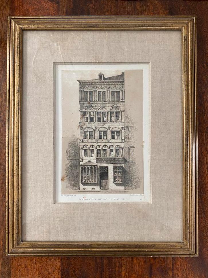 Litho oud huis in de Brugstraat Te Maastricht P Schipperus, Antiek en Kunst, Kunst | Litho's en Zeefdrukken, Ophalen of Verzenden