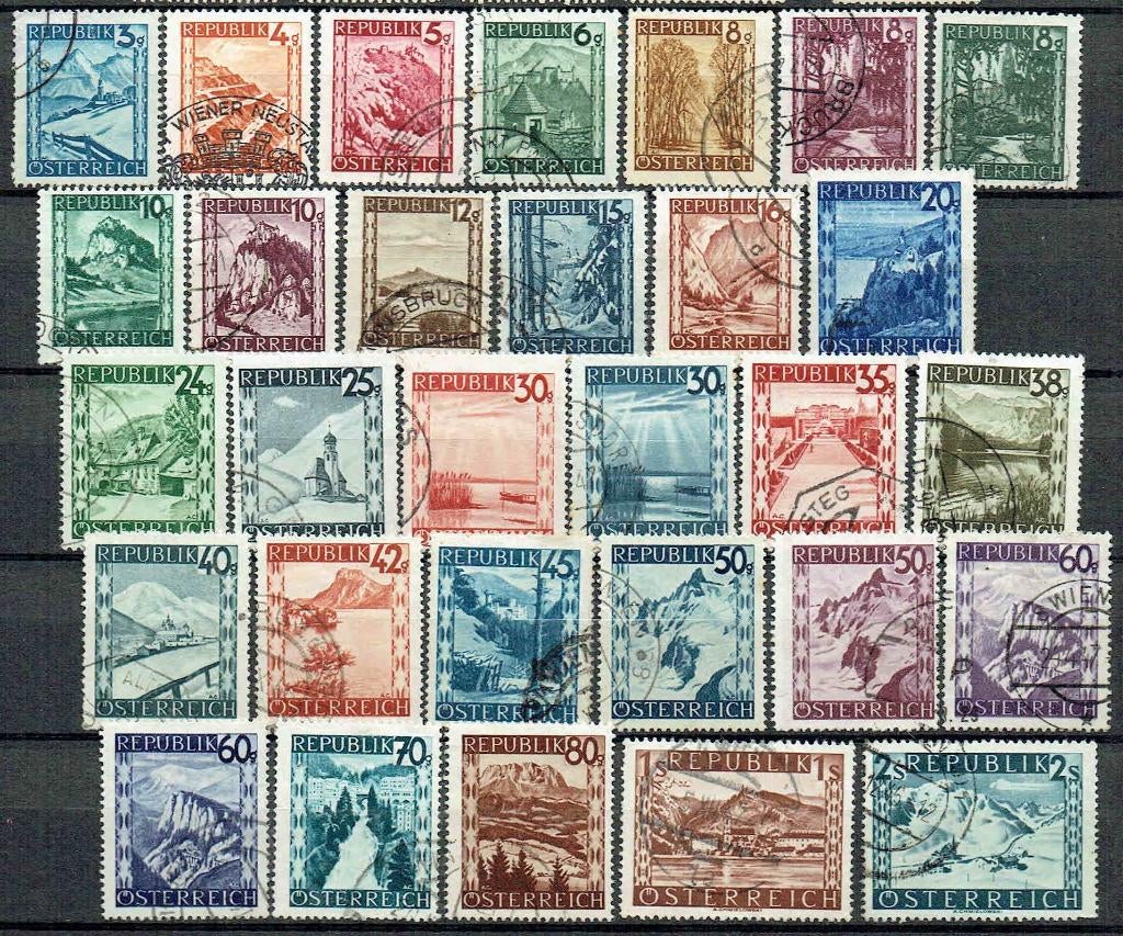 Oostenrijk 1945 Stads- en berggezichten, Postzegels en Munten, Verzenden, Gestempeld, Plaats of Gebouw
