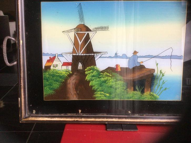 Antieke ,oude dienblad met glas met afbeelding, Antiek en Kunst, Antiek | Woonaccessoires, Ophalen of Verzenden