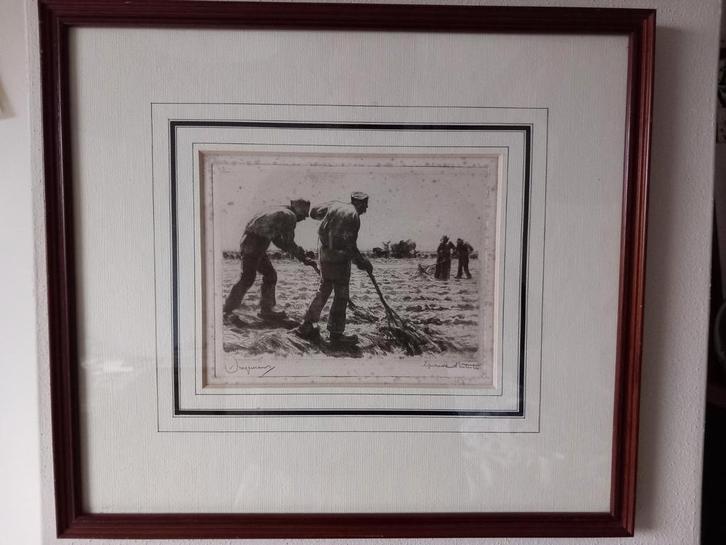 Waalko Jans Dingemans - fraaie ets landarbeiders die hooien, Antiek en Kunst, Kunst | Etsen en Gravures, Ophalen of Verzenden