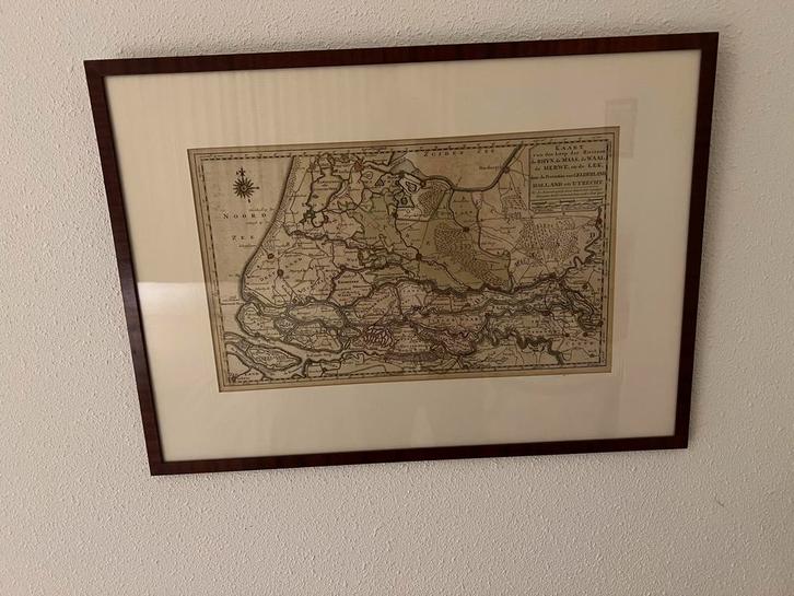 Oude prent Maas en Waal in notenhouten lijst, Boeken, Atlassen en Landkaarten, Zo goed als nieuw, Landkaart, Nederland, Voor 1800