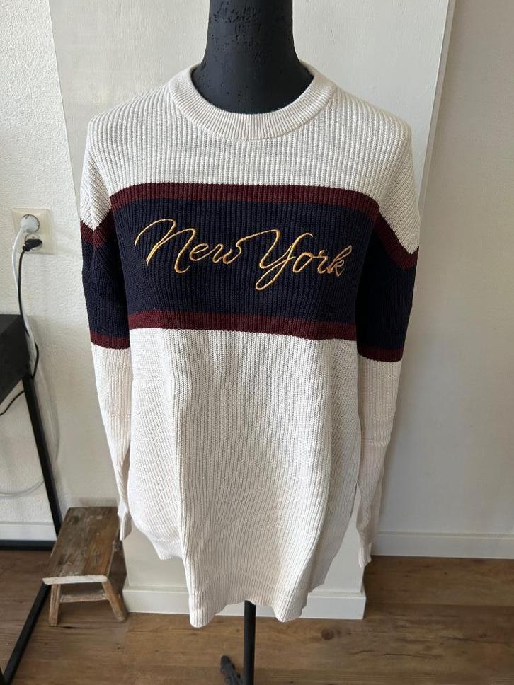 Mooie gebreide heren trui mt L ecru met blauw en rood, Kleding | Heren, Truien en Vesten, Zo goed als nieuw, Maat 52/54 (L), Overige kleuren