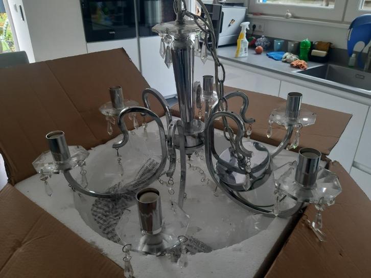 Plafondlamp, kroonluchter, koperkleurig, 8 armen, zeer mooi, Huis en Inrichting, Lampen | Kroonluchters, Gebruikt, Glas, Metaal