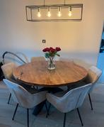 Ronde eettafel van mangohout – industrieel & warm design, Huis en Inrichting, Ophalen, Zo goed als nieuw, Rond, 100 tot 150 cm