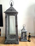Twee houten lantaarns grijs hoogte 90 en 37 cm, Ophalen, Zo goed als nieuw, 75 cm of meer, Grijs