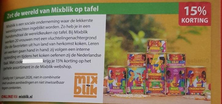 Mixblik 15% kortingscode, Tickets en Kaartjes, Kortingen en Cadeaubonnen, Eén persoon, Warenhuis- of Winkelbon, Kortingsbon