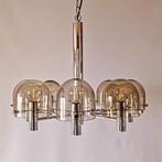 Vintage chromen luchter met 8 smoked glass lichtpunten, Ophalen of Verzenden, Zo goed als nieuw, Glas