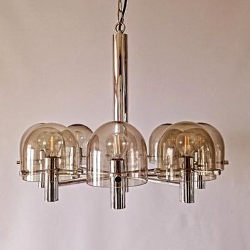 Vintage chromen luchter met 8 smoked glass lichtpunten beschikbaar voor biedingen