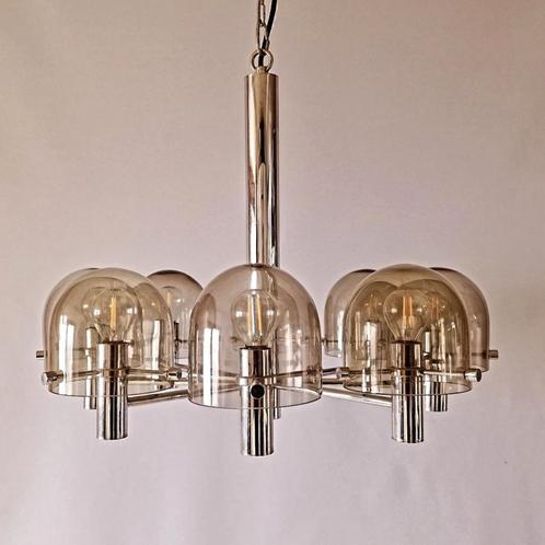 Vintage chromen luchter met 8 smoked glass lichtpunten, Huis en Inrichting, Lampen | Kroonluchters, Zo goed als nieuw, Glas, Ophalen of Verzenden