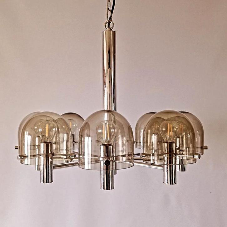 Vintage chromen luchter met 8 smoked glass lichtpunten, Huis en Inrichting, Lampen | Kroonluchters, Zo goed als nieuw, Glas, Ophalen of Verzenden
