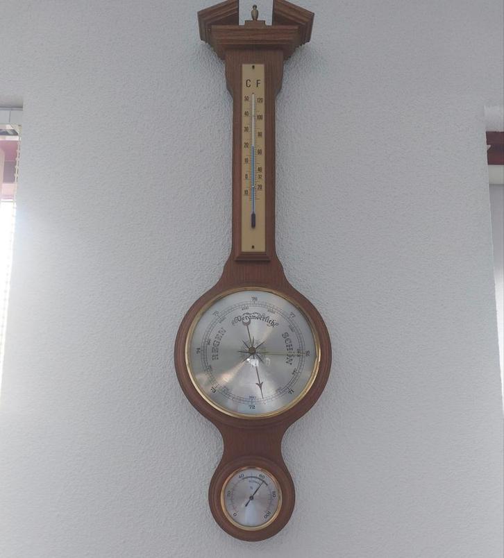 Antieke Barometer met Thermometer, Huis en Inrichting, Woonaccessoires | Klokken, Gebruikt, Wandklok, Analoog, Ophalen