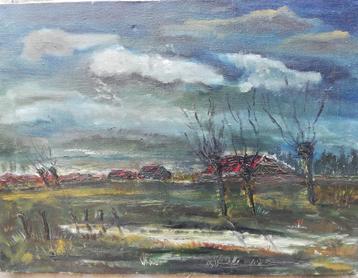 Zicht op boerderijen. Hollandse school. 58/44 cm.  beschikbaar voor biedingen