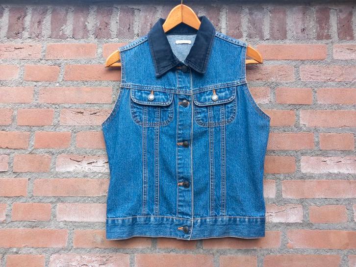 Retro Blauw spijker gilet met fluweel Josephine & Co L / 40, Kleding | Dames, Bodywarmers, Zo goed als nieuw, Maat 38/40 (M), Blauw