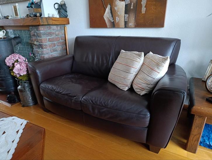 Bruine leren tweezitsbank en fauteuil - Zo goed als nieuw!, Huis en Inrichting, Banken | Sofa's en Chaises Longues, Zo goed als nieuw