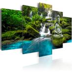 664 Buddha Waterval Natuur 5 Luik Canvas Schilderij 200x100, Ophalen of Verzenden