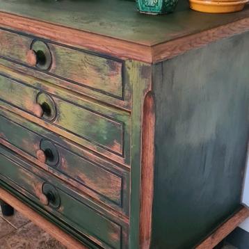 Antiek eiken ladenkastje vintage stijl zwart groen  beschikbaar voor biedingen