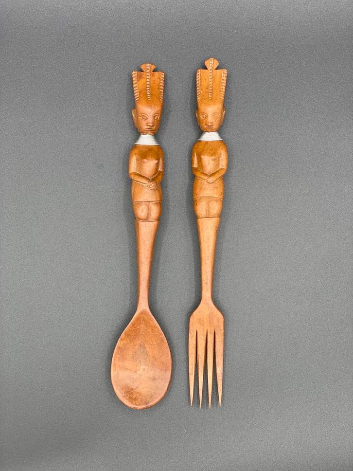 Afrikaanse houten vork en lepel decoratie (30 cm), Antiek en Kunst, Antiek | Bestek, Ophalen of Verzenden