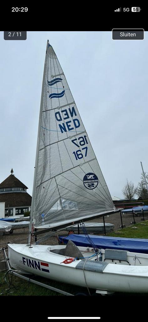 Finn jol compkeet met 2 zeilen, extra roerblad, Watersport en Boten, Open zeilboten, Gebruikt, Overige typen, 3 tot 6 meter, Polyester