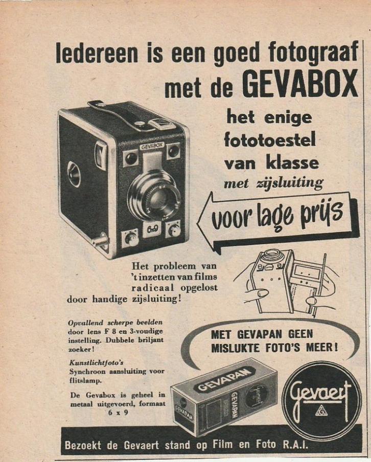 retro reclame 1952 Gevaert fotofilm en de Gevabox, Verzamelen, Retro, Overige typen, Verzenden
